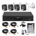 Sistem supraveghere Dahua, 4 camere, 2MP, Dual Light, IR 20m, microfon, DVR 4 canale hibrid, functii AI + HDD 500GB, accesorii SafetyGuard Surveillance