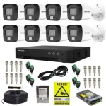 Kit supraveghere Hikvision 8 camere 5MP Microfon Dual Light Lentila 2.8mm, DVR 8 canale 8MP Audio AcuSense, Accesorii montaj, HDD 1TB + Autocolant Rovision SafetyGuard Surveillance