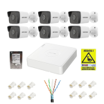 Kit supraveghere IP Hikvision 6 camere 2MP IR 30m PoE Lentila 2.8mm, NVR 8 canale 6MP PoE, accesorii montaj, HDD 1TB + Autocolant Rovision SafetyGuard Surveillance