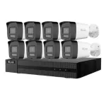 Kit supraveghere profesional IP Hikvision HiLook 8 camere 4MP IR 30m PoE microfon si difuzor IP67 alarma si NVR 8 canale PoE 6MP SafetyGuard Surveillance