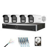 Sistem supraveghere IP complet 4 camere Hikvision 8MP Smart Hybrid Light 50m microfon, NVR AcuSense 8 canale, HDD si accesorii instalare incluse SafetyGuard Surveillance
