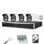 Sistem supraveghere complet 4 camere Hikvision 8MP Smart Dual Light 30m microfon, NVR AcuSense 8 canale, HDD si accesorii instalare incluse SafetyGuard Surveillance