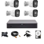 Sistem de supraveghere Uniview cu 4 camere 5 Megapixeli, Infrarosu 20M, DVR Hibrid cu 4 canale 5MP, HDD, accesorii SafetyGuard Surveillance