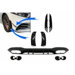 Difuzor cu Grila Aripa Aerisiri Laterale si Ornamente bara fata flapsuri Mercedes A-Class V177 Sedan (2018-2022) Evacuari Negre Performance AutoTuning