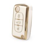 Husa Cheie Briceag Peugeot 407, CITROEN C4,C5 , 3 Butoane, Tpu, Alb cu contur auriu AutoProtect KeyCars