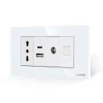 Priza Ingusta + Dubla USB + TV + Internet cu Rama Din Sticla LUXION, Standard Italian, 4M SmartElectro IntelligentHouse