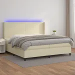 Pat cu arcuri, saltea și LED, crem, 200x200 cm, piele ecologică GartenMobel Dekor