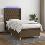 Pat cu arcuri, saltea și LED, maro închis, 90x190 cm, textil GartenMobel Dekor
