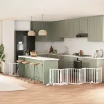 Poartă câini pliabilă cu ușă, 9 panouri, alb, 450 cm, lemn plop GartenMobel Dekor