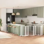 Poartă câini pliabilă cu ușă, 9 panouri, alb, 450 cm, lemn plop GartenMobel Dekor