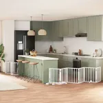 Poartă câini pliabilă cu ușă 15 panouri, alb, 750 cm, lemn plop GartenMobel Dekor