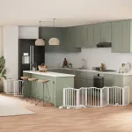 Poartă câini pliabilă cu ușă 15 panouri, alb, 750 cm, lemn plop GartenMobel Dekor