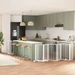 Poartă câini pliabilă cu ușă 15 panouri, alb, 750 cm, lemn plop GartenMobel Dekor