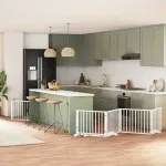 Poartă câini pliabilă cu ușă 8 panouri, alb, 640 cm, lemn plop GartenMobel Dekor