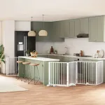 Poartă câini pliabilă cu ușă 8 panouri, alb, 640 cm, lemn plop GartenMobel Dekor