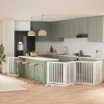 Poartă câini pliabilă cu ușă, 6 panouri, alb, 480 cm, lemn plop GartenMobel Dekor