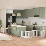 Poartă câini pliabilă cu ușă, 6 panouri, alb, 480 cm, lemn plop GartenMobel Dekor