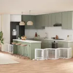 Poartă câini pliabilă cu ușă, 9 panouri, alb, 450 cm, lemn plop GartenMobel Dekor