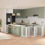 Poartă câini pliabilă cu ușă, 9 panouri, alb, 450 cm, lemn plop GartenMobel Dekor