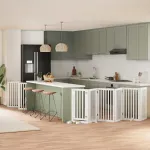 Poartă câini pliabilă cu ușă 15 panouri, alb, 750 cm, lemn plop GartenMobel Dekor