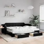 Pat de zi cu extensie și sertare, negru, 100x200 cm, textil GartenMobel Dekor