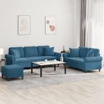 Set de canapele cu perne, 3 piese, albastru, catifea GartenMobel Dekor