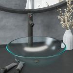 Chiuvetă baie robinet scurgere tip push, sticlă călită mătuită GartenMobel Dekor
