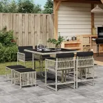 Set mobilier grădină cu perne, 9 piese, gri deschis, poliratan GartenMobel Dekor