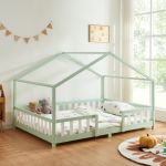 Pat Copii Treviolo tip Casuta Montessori, Dimensiuni 200x120cm, Lemn de Brad, Culoare Verde Menta