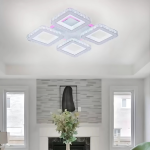 Lustra LED cu telecomanda si cristal LEILA RGB 79W, 4 Patrate, lumina Rece/Calda/Neutra, Dimabila, Alb Crom Lucios ModernLight Concept