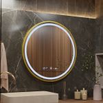Oglinda LED Rotunda, 60cm, Celeste Royale Gold Eleve MotionGlow Marcello, Sistem Dezaburire, Ceas & Termometru, Dimabila, Curea Detasabila ModernLight Concept