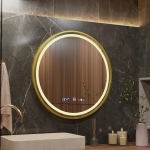 Oglinda LED Rotunda, 70cm, Celeste Royale Gold MotionGlow Marcello, Sistem Dezaburire, Ceas & Termometru, Dimabila ModernLight Concept