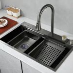 Set Chiuveta Bucatarie Inox cu Baterie Dubla, Cuva Perforare Legume/Fructe, Cuva Universala cu Dop Scurgere, Tocator, Negru Grafit, 75x45X21cm ModernLight Concept