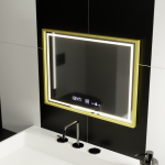 Oglinda LED Rectangulara, 80x60cm, Verite Royale Gold MotionGlow Marcello, Sistem Dezaburire, Ceas & Termometru, Dimabila ModernLight Concept