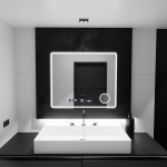 Oglinda LED Rectangulara, 90x75cm, Riflesso MotionGlow Marcello, Sistem Dezaburire, Ceas & Termometru, Lupa Cosmetica, Dimabila ModernLight Concept