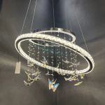 Lustra LED suspendata cu telecomanda si cristal 50W, 2 Cercuri, lumina Rece/Calda/Neutra, Dimabila, Crom Lucios, Inaltime Reglabila ModernLight Concept