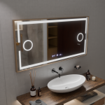 Oglinda LED Senzor MotionGlow Sofia cu functie Dezaburire Termometru Ceas 110x65 cm Lumina Calda/Rece/Neutra Dimabila,Rama Rose Gold, Colectia Marcello Funghi ModernLight Concept