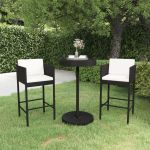 Set mobilier bar de grădină cu perne, 3 piese, negru, poliratan GartenMobel Dekor