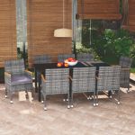 Set mobilier grădină cu perne, 9 piese, gri, poliratan GartenMobel Dekor