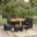 Set mobilier de grădină cu perne, 9 piese, negru, poliratan GartenMobel Dekor