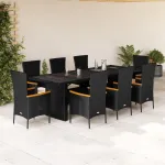 Set mobilier de grădină cu perne, 9 piese, negru, poliratan GartenMobel Dekor