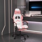 Scaun de gaming pivotant cu suport picioare, alb&roz, piele eco GartenMobel Dekor
