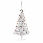 Brad Crăciun pre-iluminat cu set globuri, argintiu, 150 cm, PET GartenMobel Dekor
