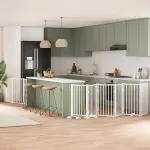 Poartă câini pliabilă cu ușă, 9 panouri, alb, 450 cm, lemn plop GartenMobel Dekor