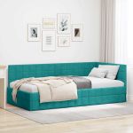 Cadru de pat colțar cu headboard Turcoaz 90 x 200 cm Catifea GartenMobel Dekor