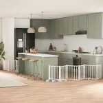 Poartă câini pliabilă cu ușă, 9 panouri, alb, 450 cm, lemn plop GartenMobel Dekor