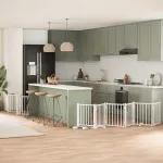 Poartă câini pliabilă cu ușă 15 panouri, alb, 750 cm, lemn plop GartenMobel Dekor