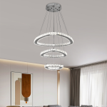 Lustra LED suspendata cu telecomanda si cristal LLC131/3CH 61W, 3 Cercuri, lumina Rece/Calda/Neutra, Dimabila, Crom Lucios, Inaltime Reglabila ModernLight Concept