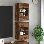 Comode de perete cu lumini LED pentru TV, 2 buc. stejar fumuriu, 40x30x60,5cm GartenMobel Dekor