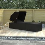 Șezlong cu copertină și pernă, negru, poliratan GartenMobel Dekor